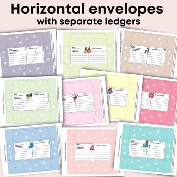 Image depicting the Holiday Cash Spending Envelopes set, featuring separate ledger inserts and horizontal envelopes in pastel colors such as brown, blue, green, purple, pink, yellow, and red. Each envelope showcases a decorative illustration and an editable template with blank spaces for budget category, amount, and date. Ideal for commercial use.