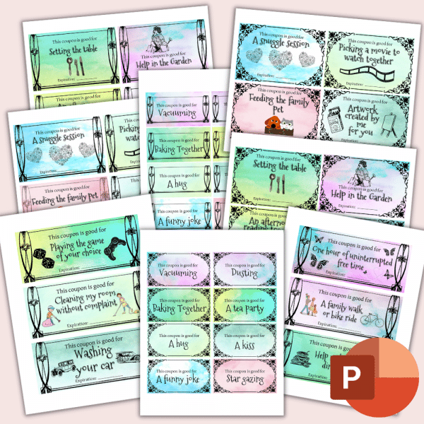 Discover Family Activity Coupons: an assortment of vibrant, family-themed vouchers featuring various activities such as feeding the family pet, vacuuming, a snuggle session, baking together, and washing your car. Perfect for commercial use and available as an editable template for extended use.