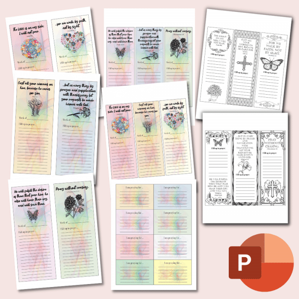 The Prayer Reminder Set showcases an array of bookmark designs on a light pink background, adorned with flowers, butterflies, and inspirational quotes. Select sheets are equipped with lined sections for personal notes. Perfect for prolonged use, the set also features a PowerPoint icon in the bottom right corner.
