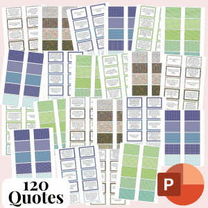 An image showcases a collection of over 20 printed pages, each featuring multiple colorful quotes with decorative borders and some patterned sections. A PowerPoint icon appears at the bottom right corner, and the text "120 Quotes" is visible at the bottom left. This editable template, titled "Literary Quote Card Deck: The Great Gatsby," is set against a light pink background.