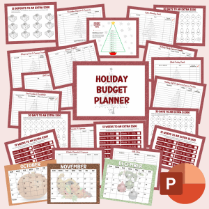 Image of a "Holiday Budget Planner: Ext-Use PPT (Landscape & Portrait Orientation)" featuring multiple pages arrayed in a circular layout. Each page showcases various charts, tables, and checklists designed to manage holiday finances effectively. At the center stands a Christmas tree topped with a star. This editable digital template ensures extended utility, as indicated by the accompanying PowerPoint icon.