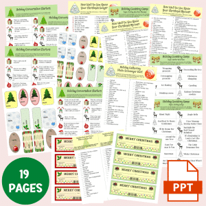 An image showcasing a collage of 19 vibrant Christmas-themed pages from the "Gather 'Round the Table: Holiday Activity Set (PPT-Extended Use)" slide deck. The pages feature holiday conversation starters, quizzes, guessing games, and festive illustrations. This digital product template includes "Merry Christmas" text and comes with a PowerPoint icon, making it perfect for commercial use.