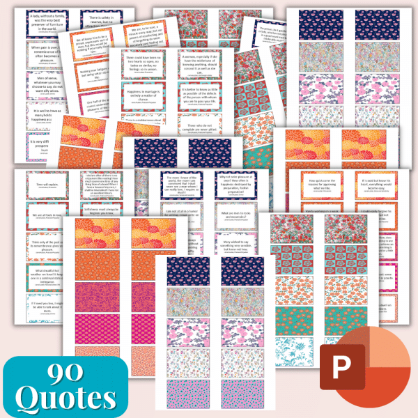 A collage of multiple sheets featuring 90 different quotes from the "Literary Quote Card Deck: Jane Austen," placed in colorful, patterned boxes. Each sheet showcases an assortment of floral, geometric, and abstract designs as backgrounds. A PowerPoint logo is visible in the lower right corner, and "90 Quotes" is written in the lower left corner—a perfect editable template for commercial use.