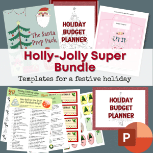 Image showcasing the "Holly Jolly Super Bundle PLR (PowerPoint Templates)" with various festive holiday templates. Includes "The Santa Prep Pack," a "Holiday Budget Planner," "Let it Snow" themed pages, a Christmas song guessing game, holiday stickers, and budget planning sheets—all as editable templates for extended commercial use.