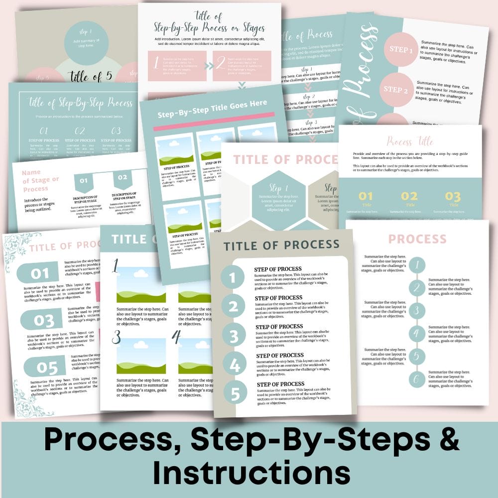 Introducing the DIY Workbook Kit (Palette: Soft Tropics) – a curated collection of instructional documents featuring various processes, step-by-step guides, and professional layouts. This digital product template set includes numbered lists, flow charts, and sections with headings and subheadings set against pastel-colored backgrounds. Most of the text serves as placeholders for easy customization.