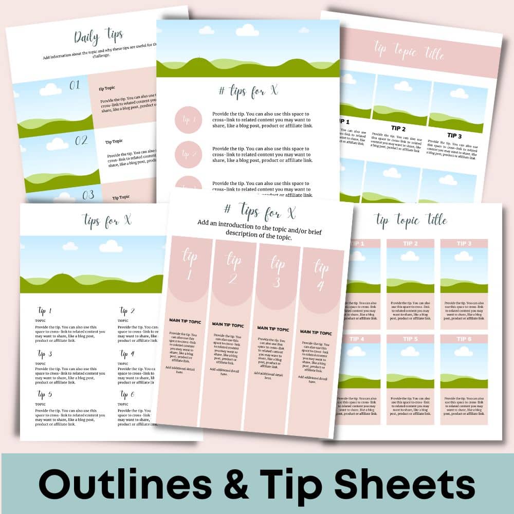 An assortment of customizable DIY Workbook Kit (Palette: Soft Tropics) tip sheets and outlines arranged in a staggered layout. The documents boast sections with text, numbered list tips, and vibrant headers and backgrounds in shades of light blues, greens, and pinks. Text at the bottom reads "Outlines & Tip Sheets.