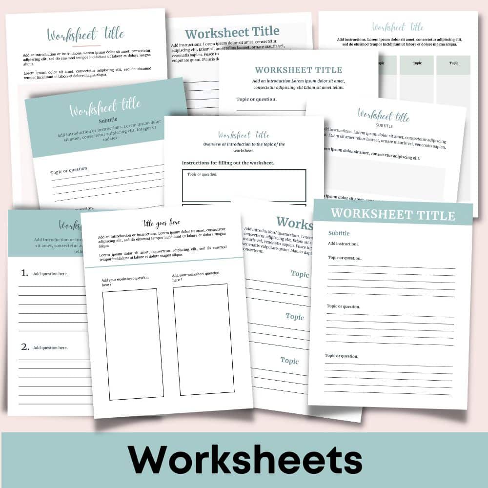A collection of editable worksheet templates from the DIY Workbook Kit (Palette: Soft Tropics), arranged in a visually appealing collage. These worksheets feature diverse layouts with sections for titles, subtitles, instructions, and question prompts. Some designs showcase a soothing blue and white palette, while others remain plain white, all perfectly suited for educational purposes and commercial use.