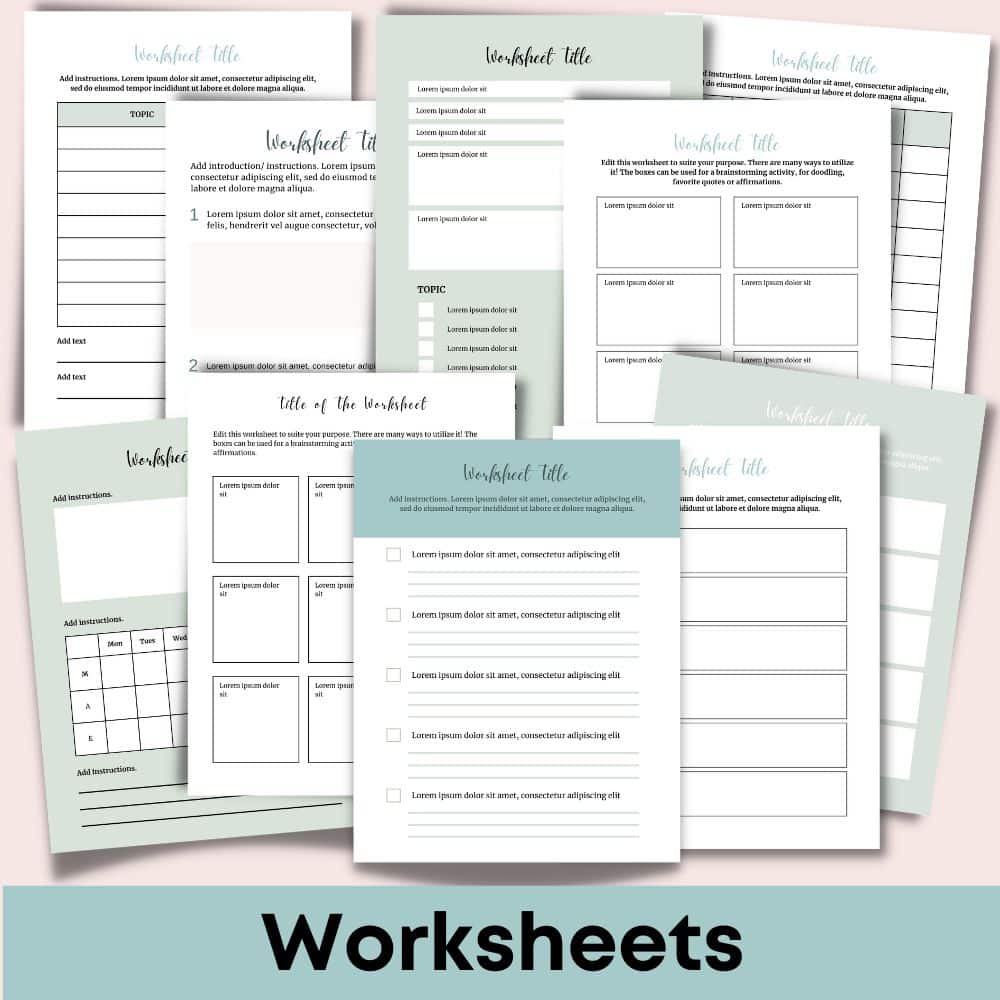 The DIY Workbook Kit (Palette: Soft Tropics) showcases a variety of editable templates on a light background. These include different layouts such as tables, bullet lists, and lined sections. Each worksheet is titled and contains placeholders for various educational activities and notes. The caption below reads "Worksheets for extended use.