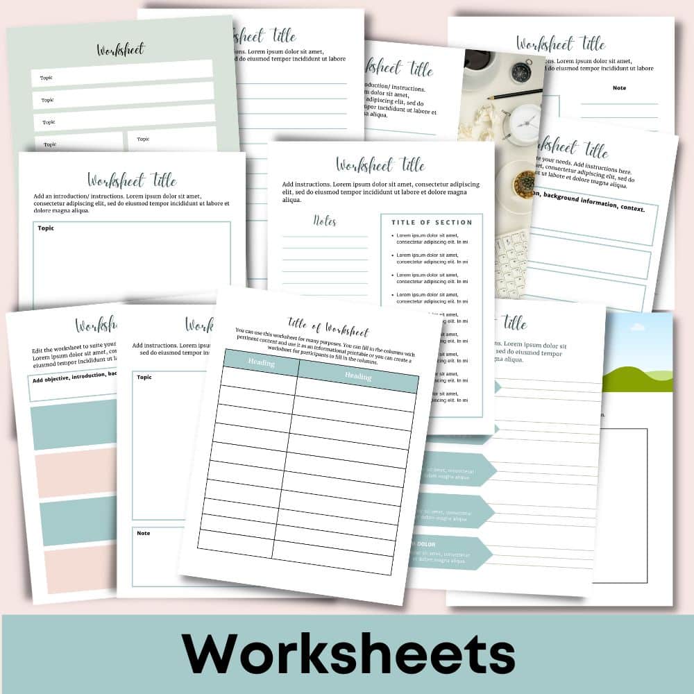 The DIY Workbook Kit (Palette: Soft Tropics) includes a set of 12 editable templates arranged in a collage, covering various topics, schedules, sections, and activities. The designs feature text boxes, tables, and icons adorned in soft pastel colors with clean layouts. Ideal for commercial use as digital product templates. The word "Worksheets" is prominently displayed at the bottom center.