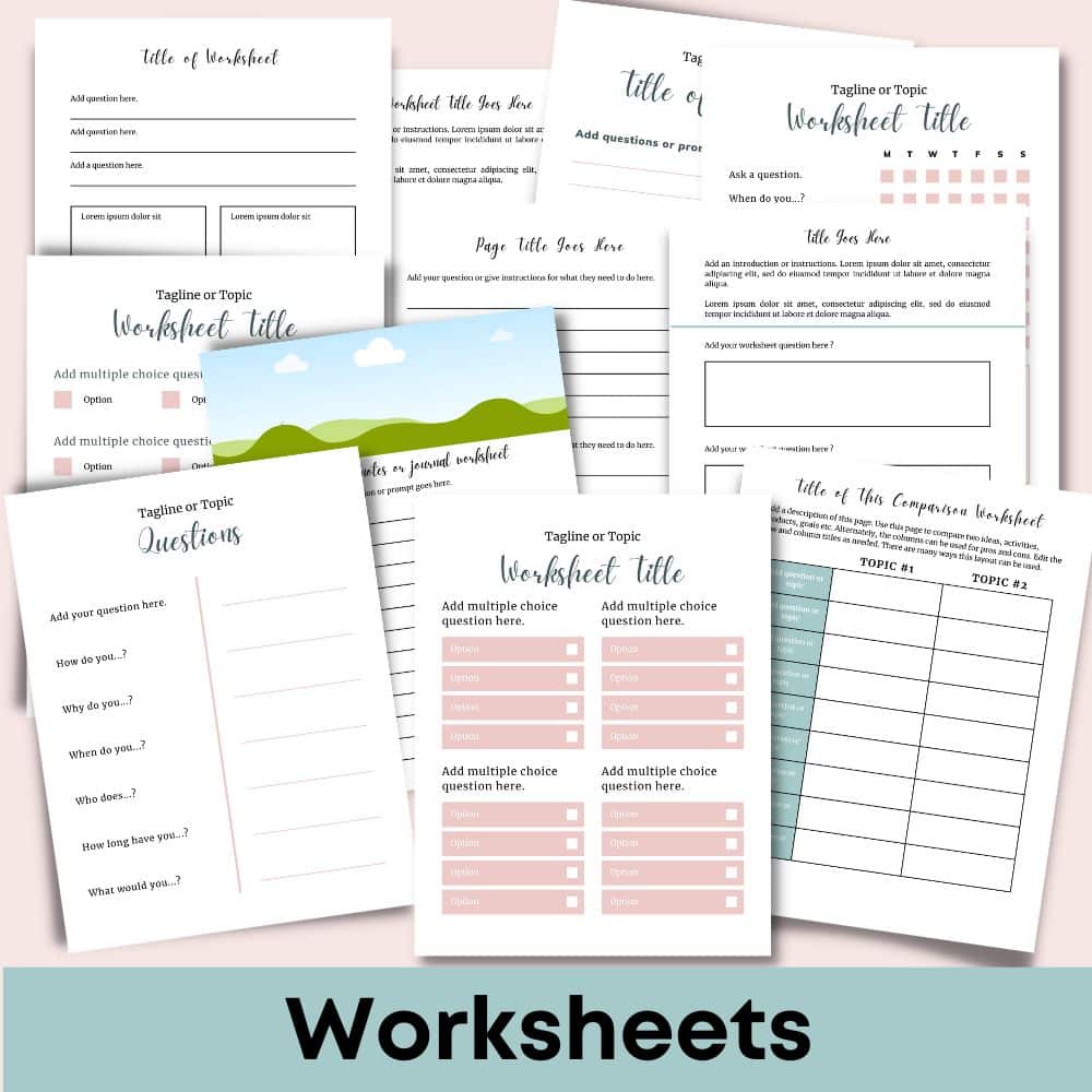 Discover the DIY Workbook Kit (Palette: Soft Tropics), a versatile collection of educational worksheets titled "Worksheet Title." This kit features sections like multiple choice questions, short answer questions, and grids for comparing topics. The editable template showcases simple designs in soft tropical pastel colors with boxes for answers, allowing extensive customization.