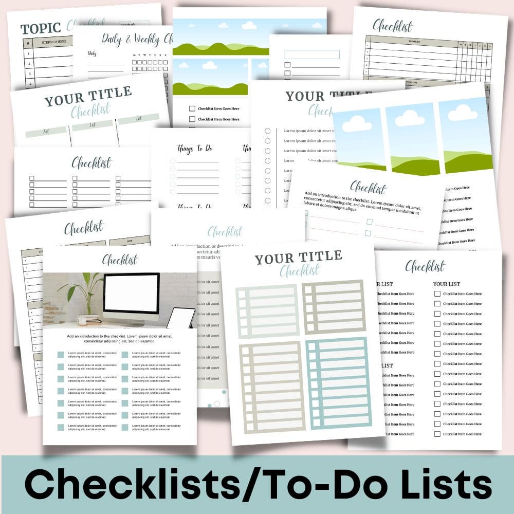 A collage of various checklist and to-do list templates, each with distinct designs and layouts from the "DIY Workbook Kit (Palette: Soft Tropics)." Some feature minimalistic styles, while others have colorful and scenic illustrations. This digital product is perfect for commercial use, with the text "Checklists/To-Do Lists" displayed beneath the templates.