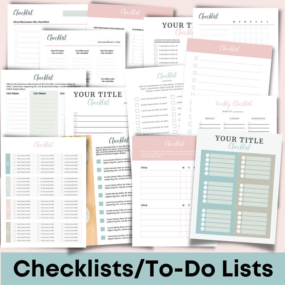 The DIY Workbook Kit (Palette: Soft Tropics) is a versatile collection of editable checklists and to-do list templates featuring a variety of pastel colors and layouts, including weekly planners, daily trackers, and task lists. These templates are displayed in a collage format, making them perfect for commercial use. The title text at the bottom reads "Checklists/To-Do Lists.