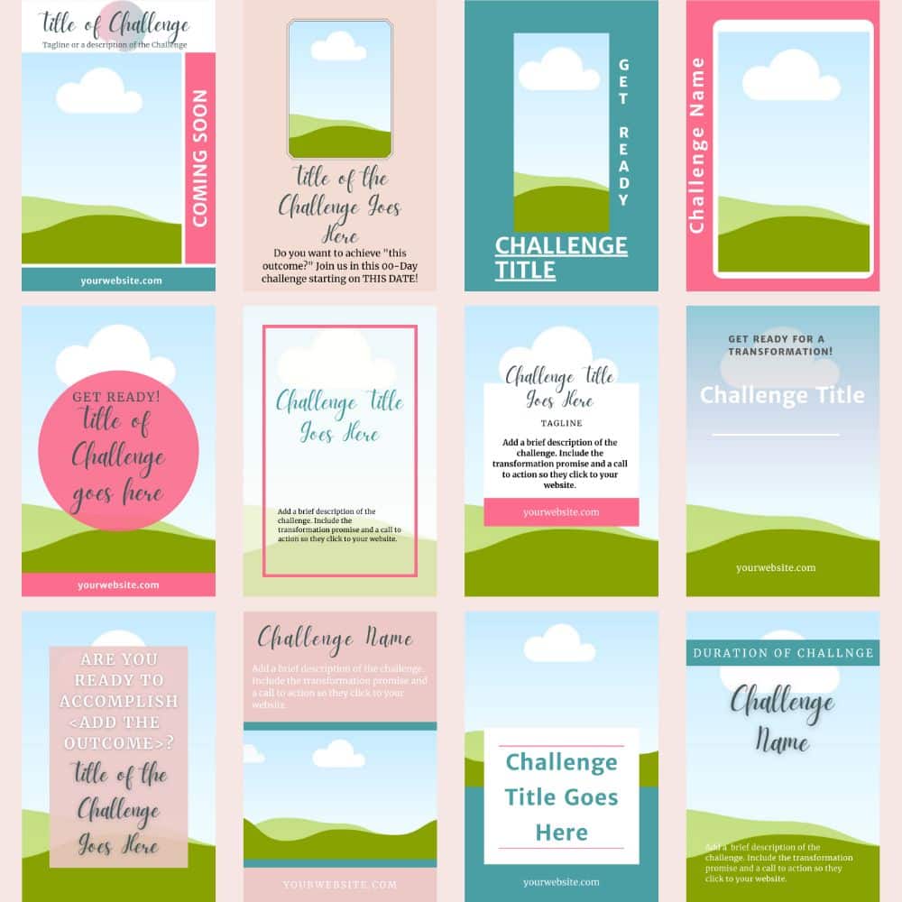Introducing "Pinterest Templates: Geometrics & Tropical Design" – a curated collection of 12 unique challenge event flyers. Each digital template boasts a variety of pastel color schemes adorned with abstract landscape backgrounds. The templates include text boxes for event details and prominent headings like "Challenge Title" and "Get Ready." Ideal for both commercial and extended use.