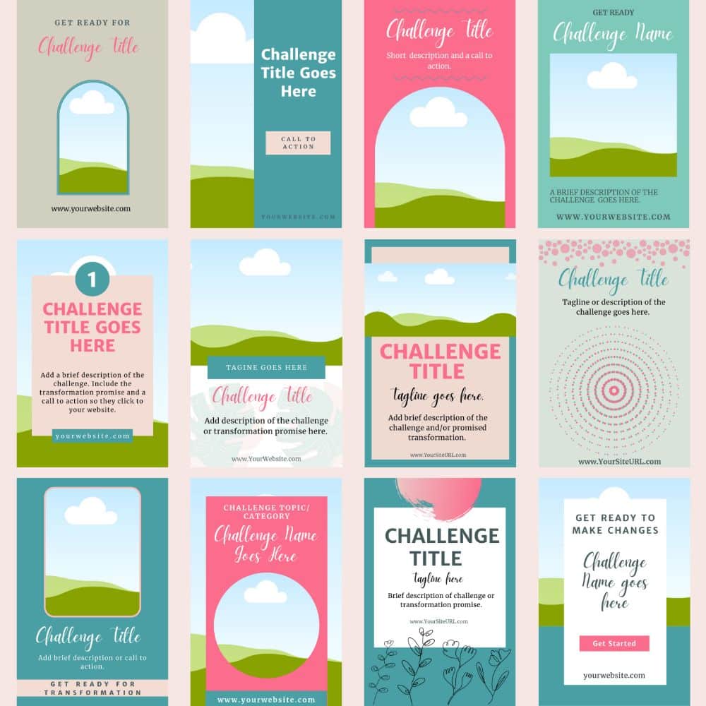 A grid of twelve Pinterest templates from the "Geometrics & Tropical Design" collection, available in various pastel colors such as pink, turquoise, green, and beige. Each digital product template includes placeholders for the title, description, and call to action text. The templates are adorned with minimalist landscape illustrations and are suitable for commercial use.