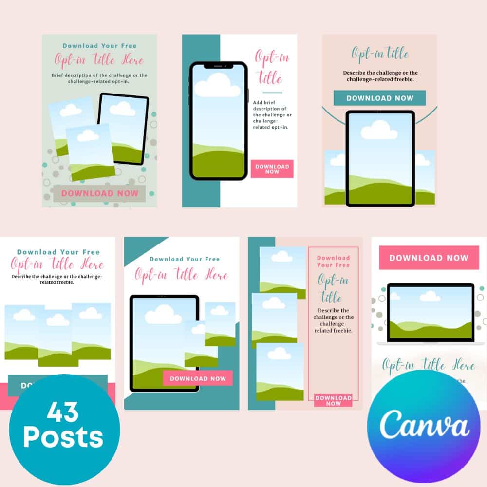 A collage of seven editable social media post templates from the "Pinterest Templates: Geometrics & Tropical Design" collection, featuring green hills and blue skies, with text areas for downloading a free eBook titled "Opt-in Title Here." The digital product templates include smartphone and tablet illustrations, a Canva logo, and a "43 Posts" label.