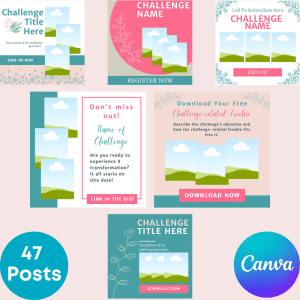 A collage of social media post templates, titled "Square Social Media Post: Geometrics & Tropical Design," perfect for commercial use. These posts feature text prompts like "Register Now," "Join Us," and "Download Now," set against scenic backgrounds of rolling hills and skies. The Canva logo is visible along with the notation "47 Posts," indicating editable templates.