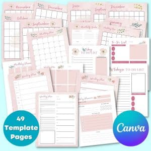 The Planner Base Kit (Pink & Floral) showcases a collection of 49 visually organized planner template pages, featuring monthly calendars, weekly plans, daily planners, to-do lists, and notes sections. The designs include elegant floral motifs with a soft pink and white color scheme. Ideal for commercial use, the templates carry the Canva logo in the bottom right corner.