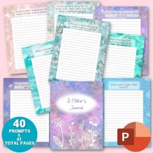 “A Mother's Journal” is a vibrant journal adorned with floral designs. It features editable template pages, including prompts like "Write a letter explaining the depth of your love," "Describe the day your child was born," and "What makes your child special?" This digital product includes 40 prompts and encompasses a total of 81 pages.