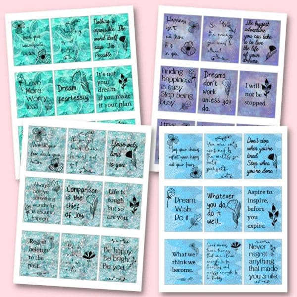 Introducing "Mom's Inspiration Cards," a digital template that showcases a beautiful collage of inspirational quotes against various pastel backgrounds. Each quote is elegantly written in a decorative font and adorned with charming doodles of flowers, hearts, or leaves. Ideal for commercial use, these cards are designed to inspire dreams, happiness, love, fearlessness, and positivity.