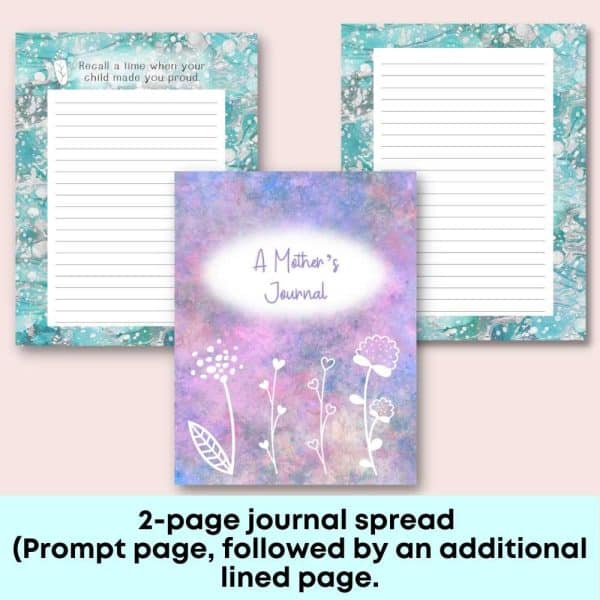 The image displays a 2-page spread from "A Mother's Journal." On the first page, there's a writing prompt asking you to "Recall a time when your child made you proud," accompanied by lines for your reflections. The opposite page is simply lined for additional notes. The journal cover is beautifully decorated with floral illustrations and bears the title "A Mother's Journal." This journal serves as an excellent customizable template for extended use.