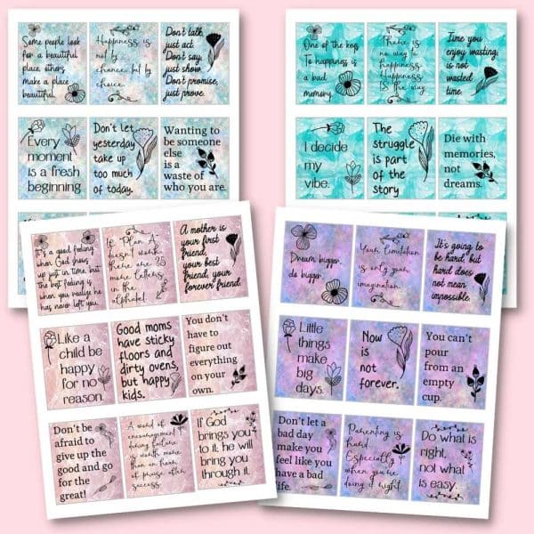 Presenting "Mom's Inspiration Cards"—four panels, each featuring six inspirational quotes set against pastel backgrounds. Each quote is elegantly framed within a rectangular box and embellished with simple illustrations. This customizable template offers positive and motivational messages in a variety of fonts and designs, perfect for commercial use as a digital product template.