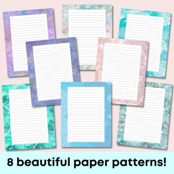 Eight sheets of lined paper from "A Mother's Journal" are displayed in a collage, each showcasing a unique and colorful border design. The borders vary in patterns and shades of blue, pink, green, and purple. This editable template is perfect for commercial use. Text at the bottom reads, "8 beautiful paper patterns!