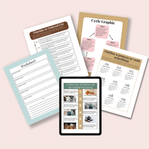 A flatlay featuring five documents from The Content Upgrade Toolbox, including an editable template for a "Timeline or Ordered List" sheet, a "Cycle Graphic" sheet, a "Worksheet," an "Outline a process or rank something" sheet, and a tablet displaying an extended use digital product template for "A Process, Ranking, or Recommendations" list with images.