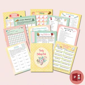 A collage of various family challenge activity sheets, including fitness challenges, reading challenges, recipes, and outdoor adventures. The central sheet displays a yellow cover adorned with a heart and flower design labeled "The Family Challenge Pack." An editable template logo is positioned at the bottom right.