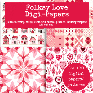 A promotional image for Folksy Love Digital Papers/Patterns (Extended License) showcasing an array of red, pink, and white designs, including floral motifs, geometric patterns, and charming house illustrations. The text highlights flexible licensing for over 65 PNG digital papers/patterns ideal for commercial use as editable templates in your projects.