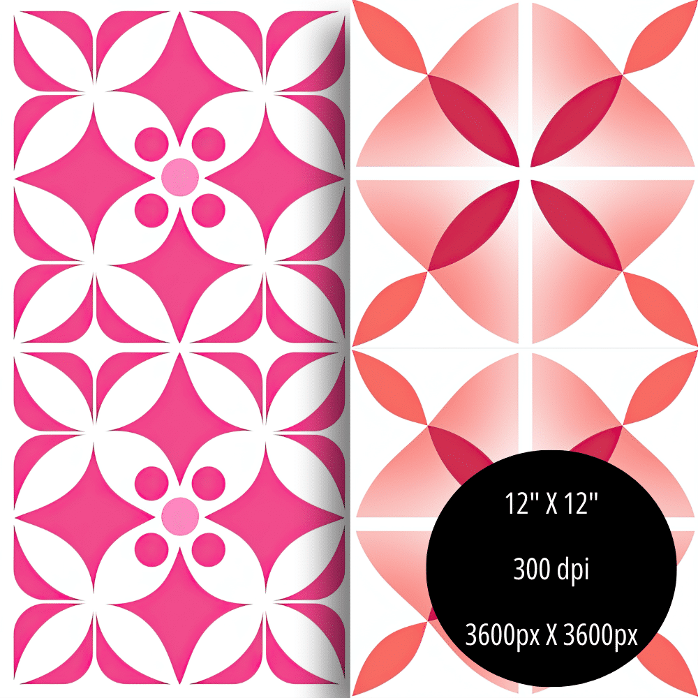 The Folksy Love Digital Papers/Patterns (Extended License) set features a vibrant geometric design with pink and white flower-like shapes on the left side, accompanied by a gradient pink and red version on the right. This customizable template includes a black circle at the bottom right that specifies dimensions of 12" x 12", 300 dpi, and 3600px x 3600px, making it perfect for commercial use.