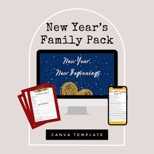 Promotional graphic for the "New Year's Eve and New Year's Family Activity Kit (Extended License)" Canva template. It features an image of a computer monitor displaying "New Year, New Beginnings" with fireworks, a smartphone showing an editable checklist, and red printed sheets labeled "Our 2023 Family" along with other templates—ideal for extended use.