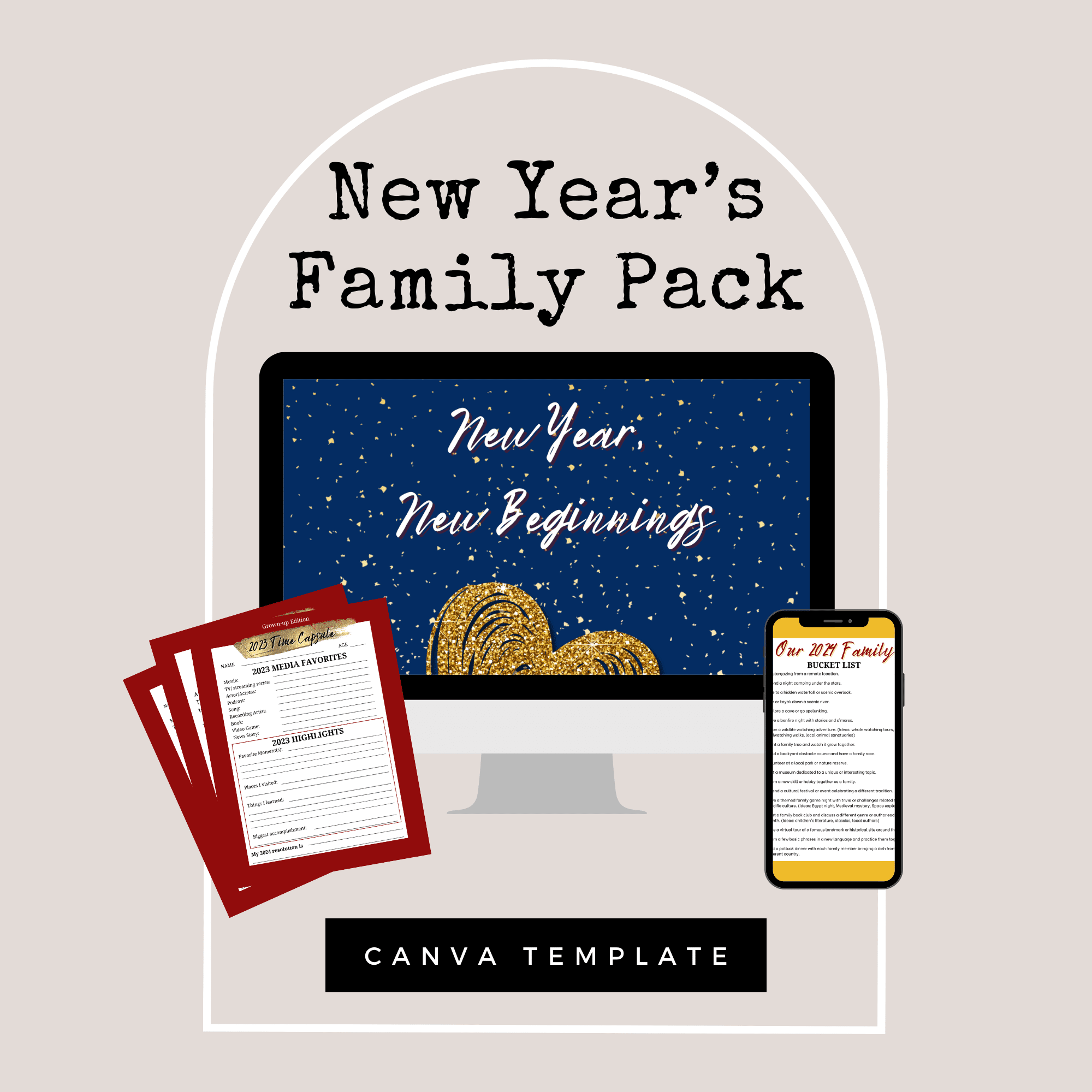 Promotional graphic for the "New Year's Eve and New Year's Family Activity Kit (Extended License)" Canva template. It features an image of a computer monitor displaying "New Year, New Beginnings" with fireworks, a smartphone showing an editable checklist, and red printed sheets labeled "Our 2023 Family" along with other templates—ideal for extended use.