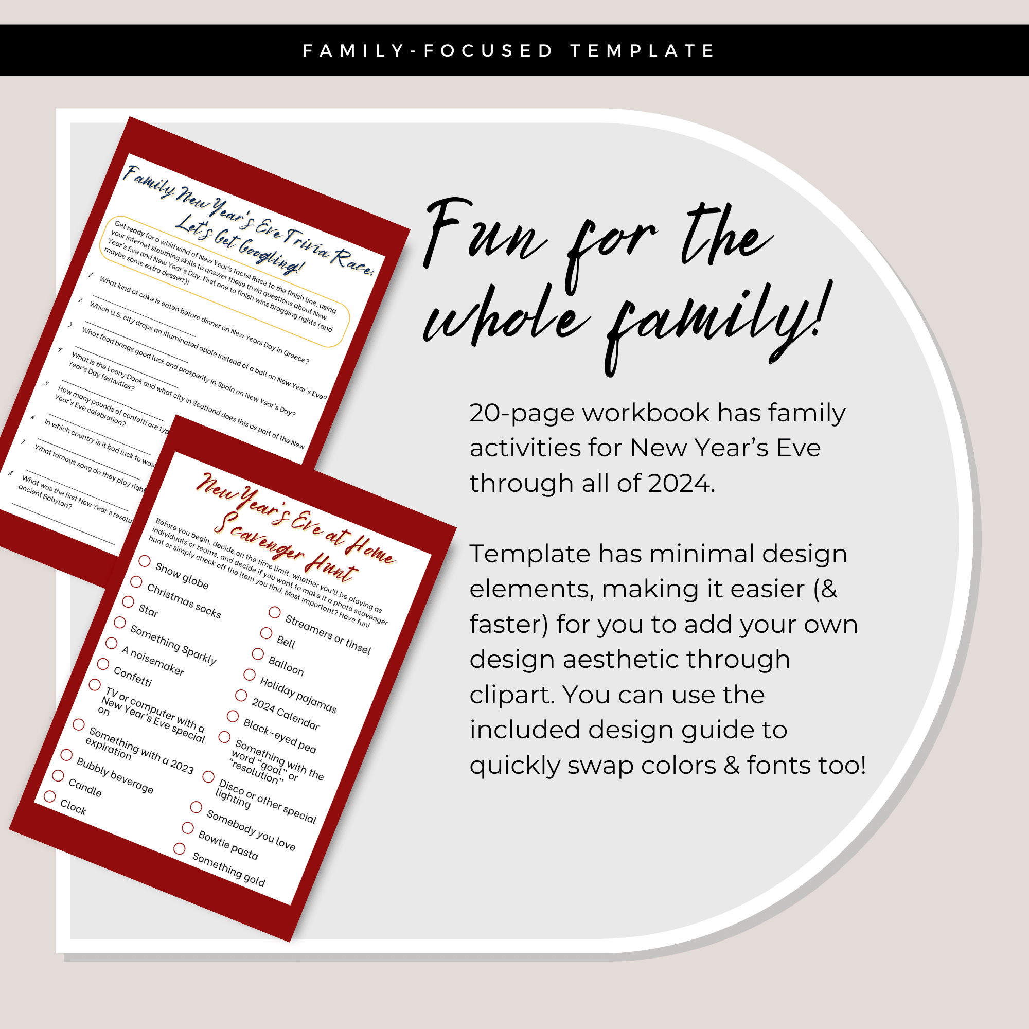 A family-focused advertisement features the New Year's Eve and New Year's Family Activity Kit (Extended License), showcasing two red-bordered activity sheets for New Year’s Eve 2024. It highlights a 20-page editable template workbook with minimal design elements, perfect for customization. Ideal for commercial use, the background is beige with black stripes along the top and bottom edges.