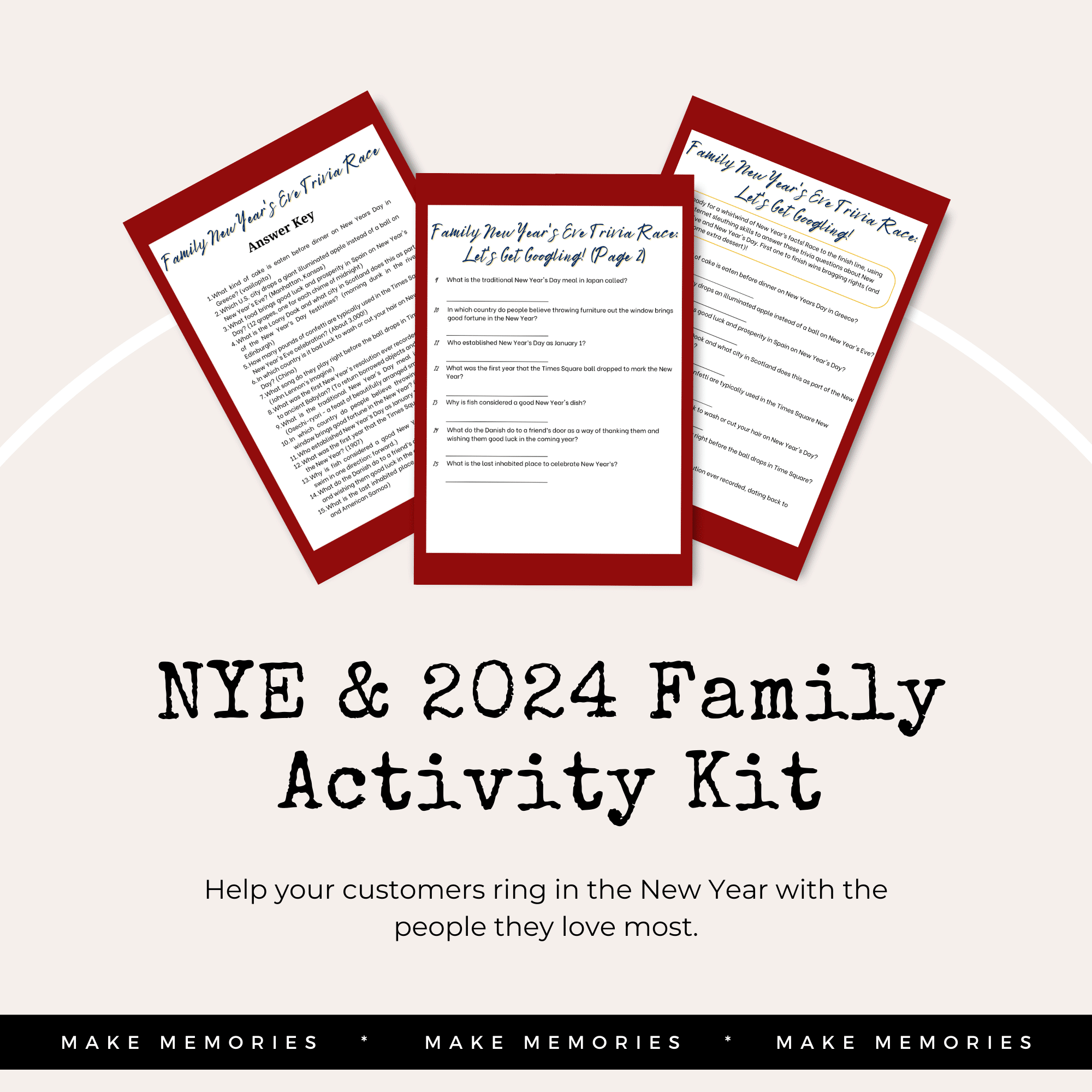 Three activity sheets with red borders titled "Family New Year’s Eve Trivia Race" and "Family New Year’s Eve Trivia Race Answer Key" are displayed in a fanned layout. Text below reads "New Year's Eve and New Year's Family Activity Kit (Extended License)." This digital product template allows extended use, perfect for helping your customers ring in the New Year.