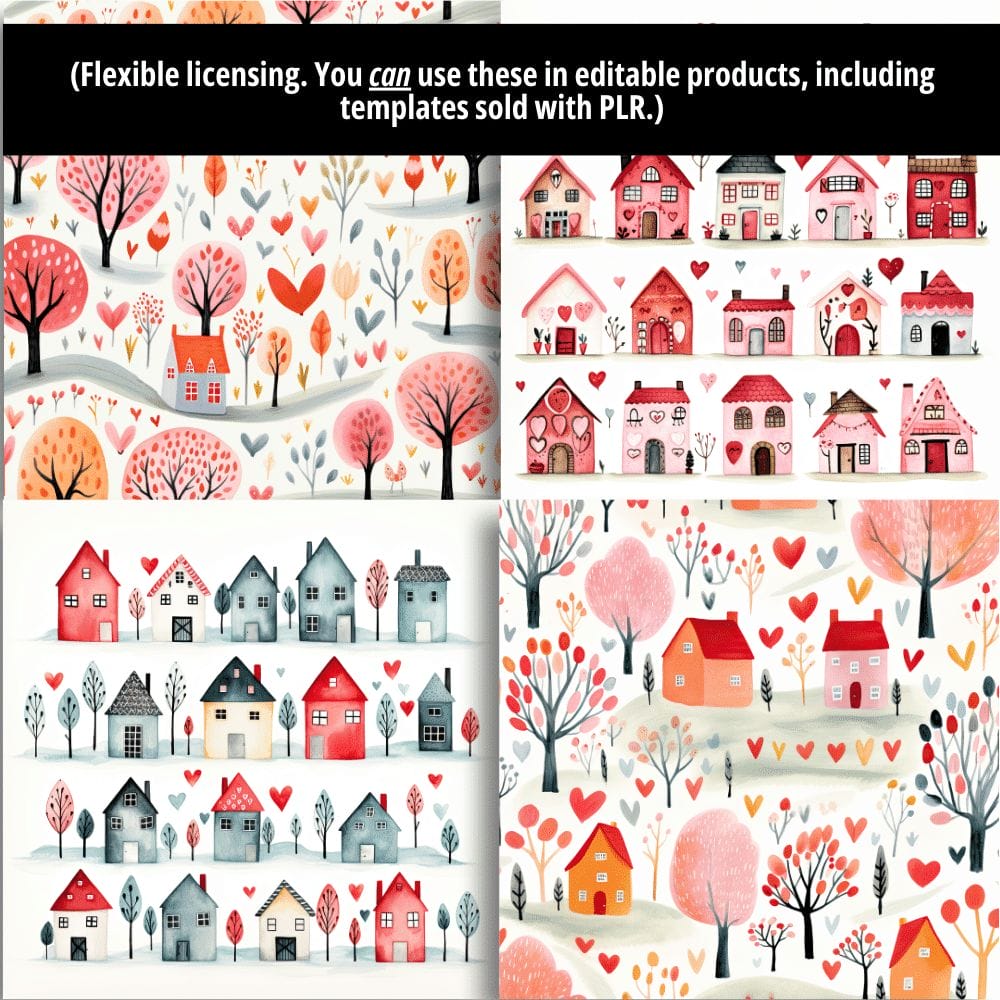 A collage of illustrations featuring charming houses and trees in a whimsical, pastel color palette is showcased within the Folksy Love Digital Papers/Patterns (Extended License). The designs include houses in various shapes and sizes, surrounded by hearts and foliage, set against backgrounds of white, pink, and orange tones. Text at the top reads: "Flexible licensing for digital product templates with extended commercial use.