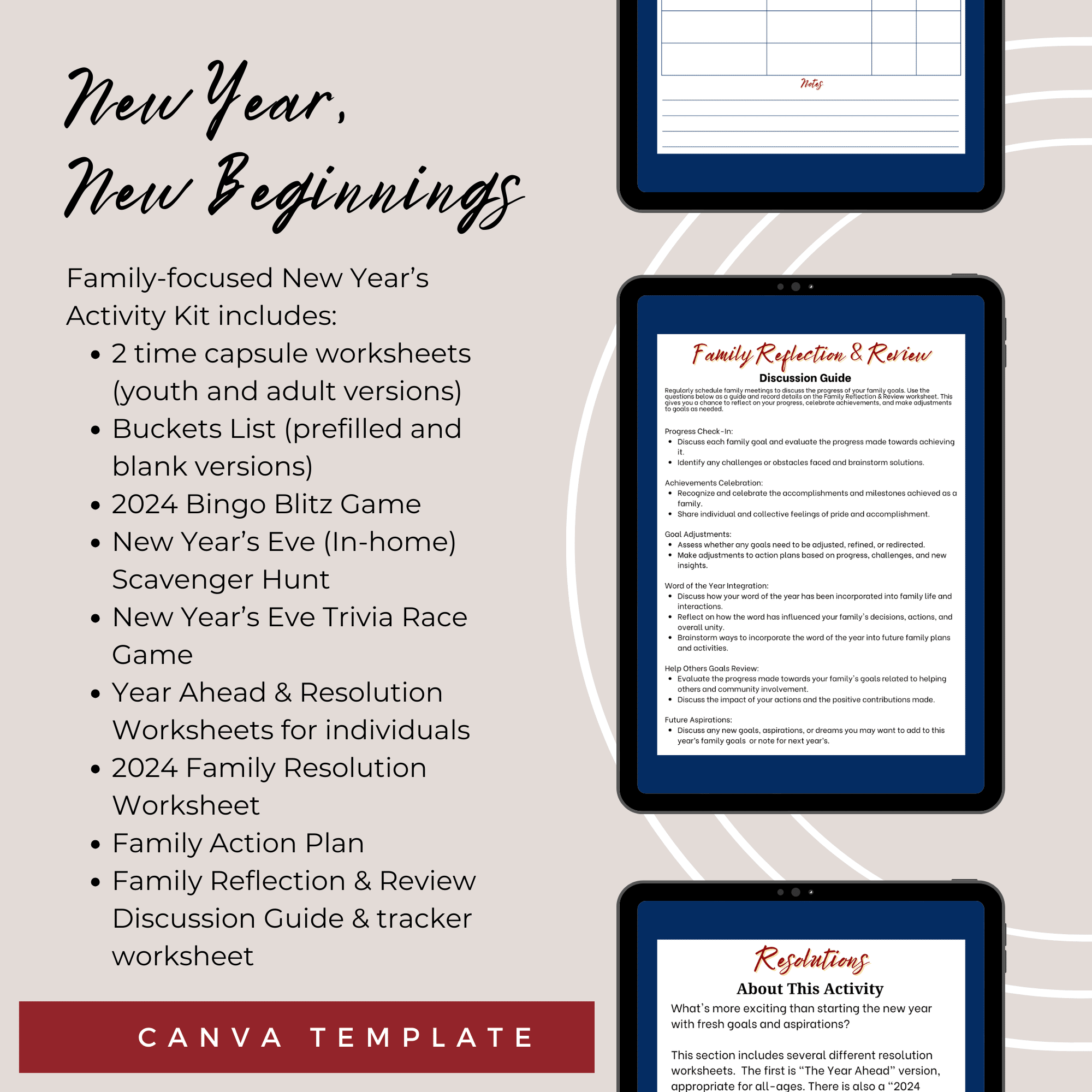An infographic titled "New Year, New Beginnings" highlights the contents of the New Year's Eve and New Year's Family Activity Kit (Extended License). The kit includes timers, bucket list printables, discussion guides, games, worksheets, activity plans, and a review worksheet—all packaged with extended use rights and Canva template branding.