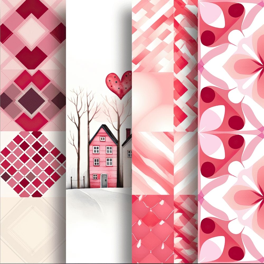 The "Folksy Love Digital Papers/Patterns (Extended License)" features an abstract collage with a central image of a snowy landscape, highlighting a pink house and bare trees. Surrounding this are various geometric patterns in shades of pink, red, and white, including diamond shapes, checkered designs, and floral motifs. The collage offers an editable template perfect for extended use in digital product design.