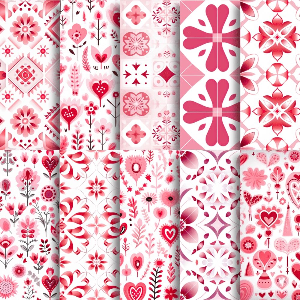 The Folksy Love Digital Papers/Patterns (Extended License) set includes ten vertical panels, each adorned with intricate floral and geometric patterns in various shades of pink and white. The designs feature flowers, hearts, and ornate shapes, creating a cohesive and vibrant collection ideal for commercial use.