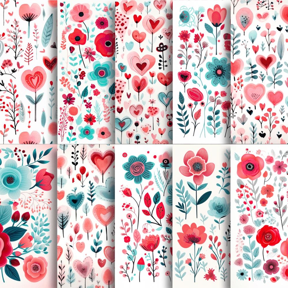 Introducing the "Folksy Love Digital Papers/Patterns (Extended License)" template, a vibrant digital product featuring ten vertical panels adorned with charming flower and heart patterns. Each editable panel highlights stylized flowers, leaves, and hearts in delightful shades of red, pink, teal, and white against crisp white backgrounds, crafting a cheerful and whimsical design.