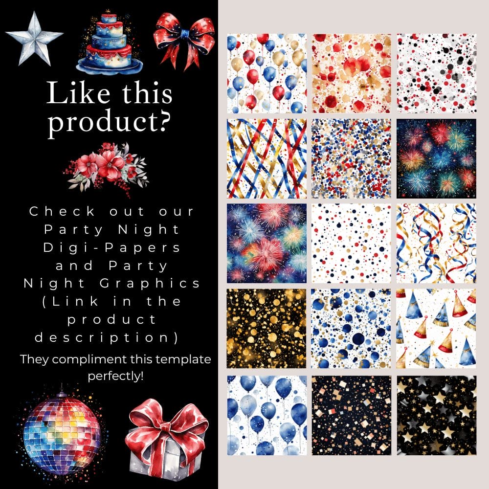 A collage ad showcasing a variety of celebratory digital papers and party graphics. The left side reads, "Like this product? Check out our New Year's Eve and New Year's Family Activity Kit (Extended License)." The right side displays previews of vibrant, editable templates featuring balloons, confetti, fireworks, and stars for commercial use.