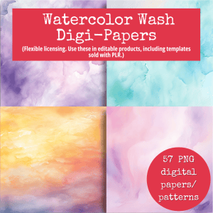 A promotional image for “Pastel Watercolor Wash Digital Papers (Extended License)” featuring four vibrant watercolor backgrounds in shades of purple, blue, yellow, and pink. The text highlights commercial use licensing and editable product features, with a red circle emphasizing “57 PNG digital papers/patterns.”