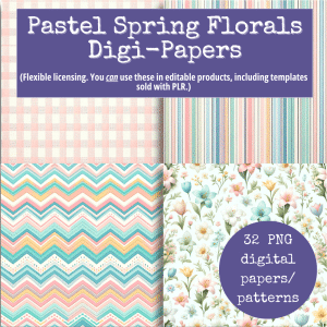 A promotional image showcasing "Pastel Spring Florals Digi-Papers (Extended License)." It features four patterned digital papers: a pink checkered design, a striped design, a zigzag design, and a floral design. Text notes flexible licensing for commercial use and includes "32 PNG digital papers/patterns.”