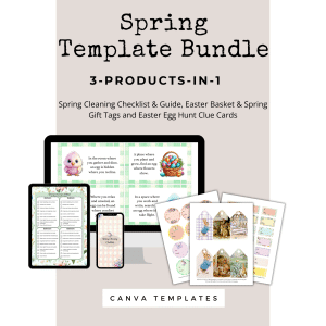 Illustration of a "Spring Template Bundle (Extended License)" advertisement presenting a computer monitor, tablet, and phone displaying customizable spring-themed designs. Additionally, there are printed materials featuring Easter baskets, gift tags, and Easter egg hunt clue cards. Text reads "Spring Cleaning Checklist & Guide, Easter Basket & Spring Gift Tags and Easter Egg Hunt Clue Cards." Ideal for commercial use!