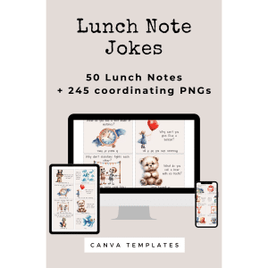 An image showcasing "Lunch Note Joke Cards Bundle (Extended License)". The text reads, "50 Lunch Notes + 245 coordinating PNGs" on a grey background with illustrations of animals and joke notes. Three digital devices display sample notes, highlighting the editable template feature. The footer mentions "Canva Templates".