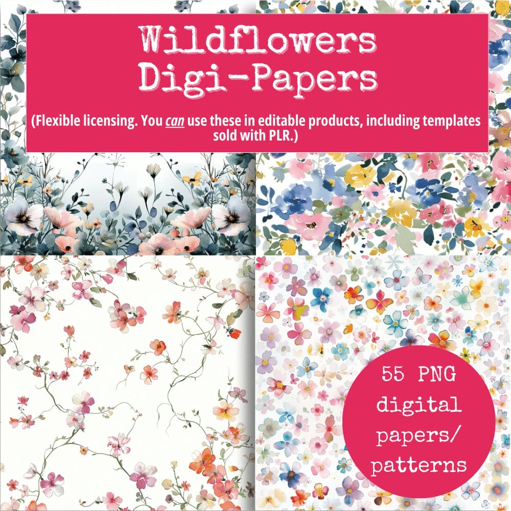 A promotional image for "Wildflower Digital Papers (Extended License)," showcasing a diverse selection of vibrant wildflower patterns on digital paper designs. The text emphasizes flexible licensing and commercial use, with 55 PNG digital papers/patterns available. Four sample patterns are displayed in the background.