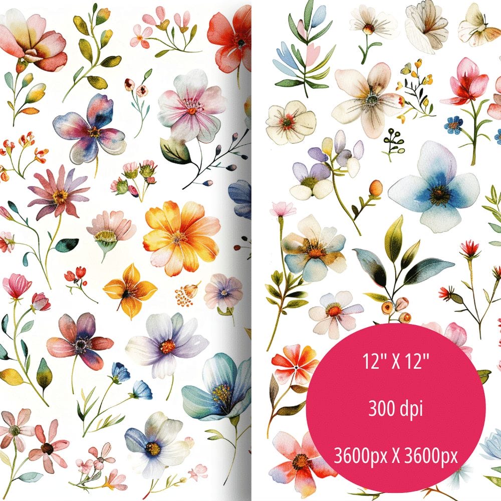 Introducing the Wildflower Digital Papers (Extended License), featuring a vibrant watercolor-style floral pattern on a white background. The design showcases various styles and colors of flowers across two vertical sections. A circular label provides essential details, indicating dimensions of 12" x 12", a resolution of 300 dpi, and an overall size of 3600px x 3600px—making it perfect for digital product templates with extended commercial use.