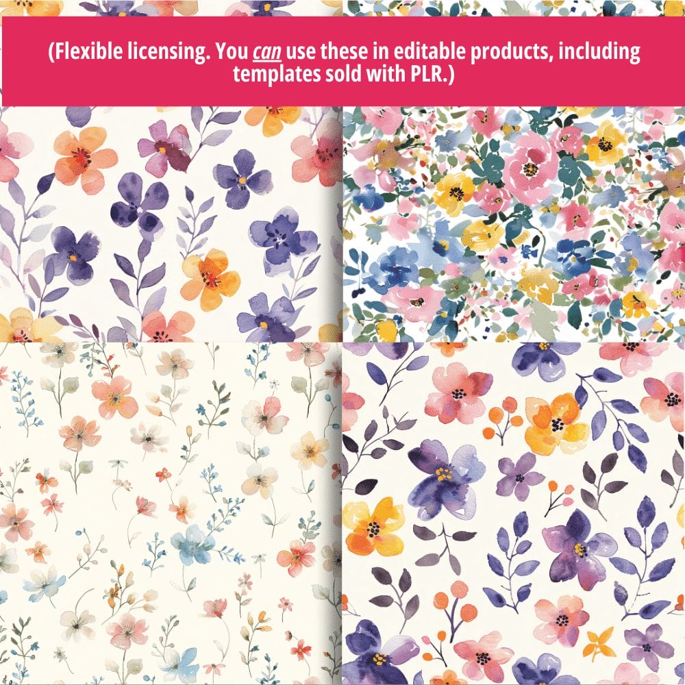 Introducing the Wildflower Digital Papers (Extended License), featuring four exquisite floral patterns with delicate watercolor-style flowers and leaves in a stunning palette of pink, purple, yellow, and blue. Each pattern is perfect for commercial use and as a digital product template, showcasing unique designs from clustered bouquets to scattered blossoms on a pristine white background.