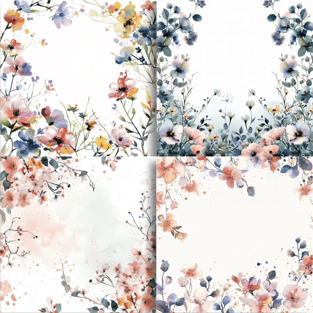 Introducing the Wildflower Digital Papers (Extended License), a versatile digital product template that features a collage of four exquisite watercolor floral designs. Each segment showcases different pastel flowers and foliage in shades of pink, blue, and yellow. The floral arrangements gracefully frame the corners, creating an elegant white space center. Ideal for commercial use and fully editable to suit your creative needs.