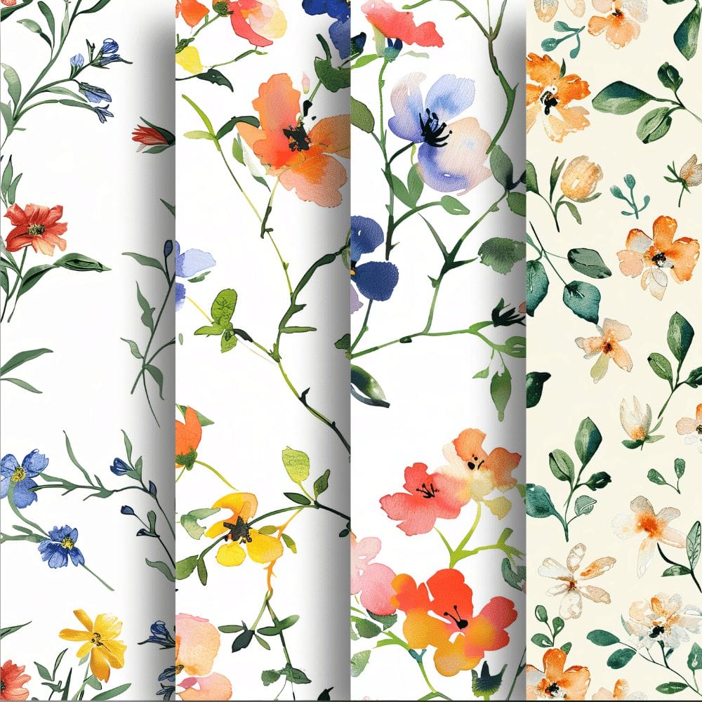 Introducing Wildflower Digital Papers (Extended License): a set of four vertical panels, each beautifully adorned with different floral patterns on light backgrounds. These designs feature an array of colorful flowers and green leaves, rendered in a loose, watercolor style. Perfect for commercial use, this vibrant and elegant visual composition is available as an editable template.