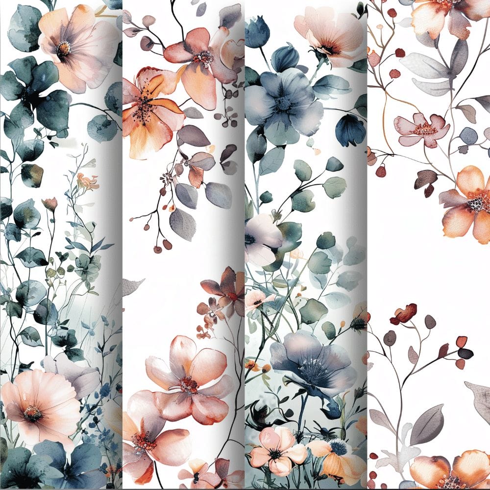 The Wildflower Digital Papers (Extended License) showcase a captivating floral pattern with watercolor-style flowers in shades of orange, blue, and gray against a white backdrop. The flowers are arranged in vertical strips, offering a seamless blend of blooms and foliage that exudes soft elegance—perfect for an editable digital product template.